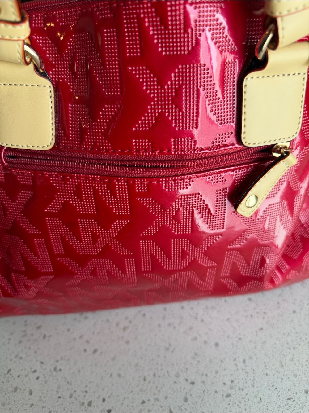 Patent Hot Pink Shoulder Bag with Tan Handles - Picture 8 of 10